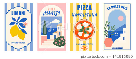 Amalfi Coast Mediterranean Poster Collection. Flat Vector Italian Summer Set with Lemons, Pizza and Seaside Landscapes Amalfi Coast Mediterranean Poster Collection. Flat Vector Italian Summer Set with Lemons, Pizza and Seaside Landscapes 141915090
