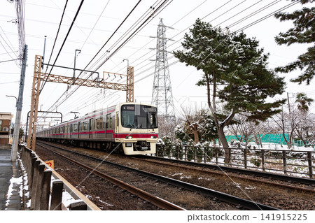 東京調布市菊野台杜鵑站和柴崎站之間的雪景和京王線列車。 東京調布市菊野台杜鵑站和柴崎站之間的雪景和京王線列車。 141915225