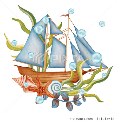 Watercolor illustration of sailing ship with red corals, seaweed, seashells and rope. Children's, nautical, travel themes. Suitable for design, prints, postcards, sea travel. Marine symbol Watercolor illustration of sailing ship with red corals, seaweed, seashells and rope. Children's, nautical, travel themes. Suitable for design, prints, postcards, sea travel. Marine symbol 141915618