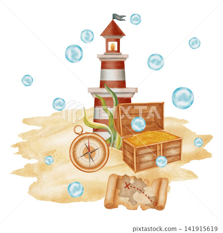 Watercolor illustration of a lighthouse, sailboat, anchor, compass, ship's wheel on a sandy background. Suitable for children, marine, and travel. Suitable for design, prints, postcards, sea travel Watercolor illustration of a lighthouse, sailboat, anchor, compass, ship's wheel on a sandy background. Suitable for children, marine, and travel. Suitable for design, prints, postcards, sea travel 141915619