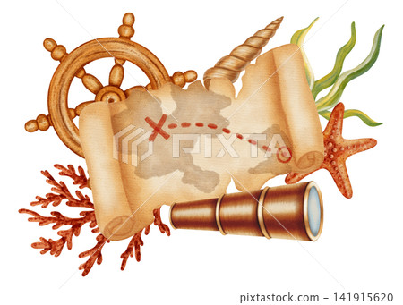 Watercolor illustration of marine composition with old treasure map, wooden ship wheel, anchor, telescope. Children's, nautical, travel themes. Suitable for design, prints, postcards, sea travel Watercolor illustration of marine composition with old treasure map, wooden ship wheel, anchor, telescope. Children's, nautical, travel themes. Suitable for design, prints, postcards, sea travel 141915620