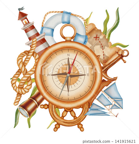 Watercolor illustration with compass, lighthouse, lifebuoy, ship sails, steering wheel, anchor. Children's, nautical, travel themes. Suitable for design, prints, postcards, sea travel  141915621
