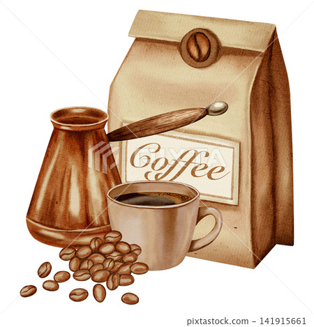 A hand-drawn watercolor illustration of a coffee set with a cezve, cup, and coffee beans, and artisan coffee packaging. Illustrations for coffee shops, cafes, packaging, menus, and product design A hand-drawn watercolor illustration of a coffee set with a cezve, cup, and coffee beans, and artisan coffee packaging. Illustrations for coffee shops, cafes, packaging, menus, and product design 141915661