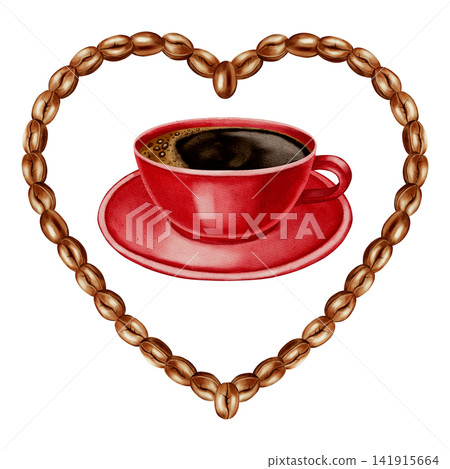 Watercolor illustration of a heart made of roasted coffee beans and a cup of black coffee. Love for coffee. Heart. Illustrations for coffee shops, cafes, packaging, menus, and product design. Watercolor illustration of a heart made of roasted coffee beans and a cup of black coffee. Love for coffee. Heart. Illustrations for coffee shops, cafes, packaging, menus, and product design. 141915664