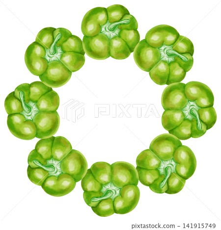 Watercolor green bell pepper wreath with whole and sliced sweet peppers. Hand drawn circular frame for menu design, organic food packaging, recipes, kitchen decor, isolated on white background. Watercolor green bell pepper wreath with whole and sliced sweet peppers. Hand drawn circular frame for menu design, organic food packaging, recipes, kitchen decor, isolated on white background. 141915749
