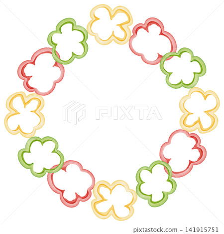 Watercolor colorful bell pepper wreath with red, green, yellow sweet peppers and seeds. Hand drawn round frame for menu design, food packaging, recipes, organic packaging, isolated on white background 141915751
