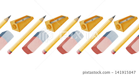 Watercolor seamless border with wooden pencils, erasers and sharpener. Stationery. Traditional symbol of the first of September, knowledge day, back to school season Watercolor seamless border with wooden pencils, erasers and sharpener. Stationery. Traditional symbol of the first of September, knowledge day, back to school season 141915847