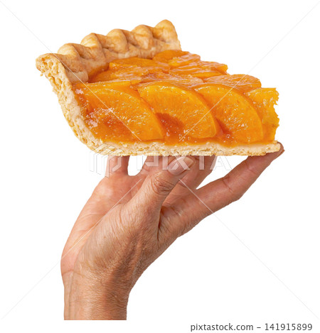 Hand holding a fresh slice of sweet peach pie isolated on a transparent background, showcasing flaky crust and juicy fruit filling for summer dessert and bakery concepts Hand holding a fresh slice of sweet peach pie isolated on a transparent background, showcasing flaky crust and juicy fruit filling for summer dessert and bakery concepts 141915899
