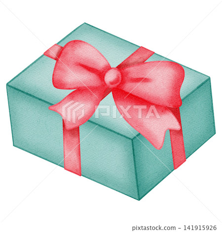 Watercolor illustration gift box with matching ribbon and big bow. Hand drawn festive present package for birthdays, anniversaries, party invitations, children's design, and cardmaking. Watercolor illustration gift box with matching ribbon and big bow. Hand drawn festive present package for birthdays, anniversaries, party invitations, children's design, and cardmaking. 141915926