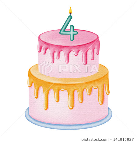 Watercolor illustration birthday cake and colorful number candles set from 0 to 9. Hand drawn festive confectionery for birthdays, anniversaries, party invitations, children's design, card making 141915927