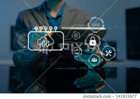 Hand touching secure access service edge icon on smartphone virtual screen background, password, network, framework and support technology in office. secure access service edge concept. Hand touching secure access service edge icon on smartphone virtual screen background, password, network, framework and support technology in office. secure access service edge concept. 141915977