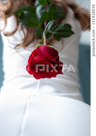 Close-up of a deep red rose held toward the camera by a woman in a white dress, creating romantic floral imagery with selective focus, elegant styling and a soft intimate mood now Close-up of a deep red rose held toward the camera by a woman in a white dress, creating romantic floral imagery with selective focus, elegant styling and a soft intimate mood now 141916038