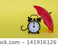Red umbrella covering an alarm clock symbolizing time protection, insurance planning and financial security 141916126