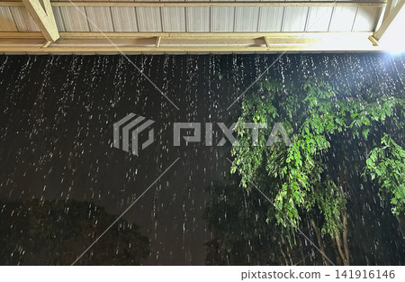 Rain Bomb Intensity: Flash Flooding Rainwater Cascading from Single-Story Home Roof During Extreme Climate Change Downpour. 141916146
