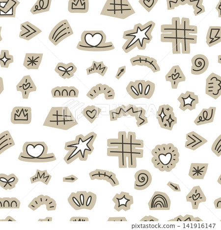Seamless Pattern Scrapbook Paper Cutouts Hand Drawn Collage Sticker. Cut with UI Symbols Doodle Heart, Star, Hashtag and Signs on White Background. Y2K aesthetic Retro Craft Paper. Vector illustration 141916147