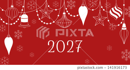 Hand-drawn New Year 2027 card or banner line art with Christmas tree ornaments, baubles and snowflakes and bell for seasonal decor Hand-drawn New Year 2027 card or banner line art with Christmas tree ornaments, baubles and snowflakes and bell for seasonal decor 141916173