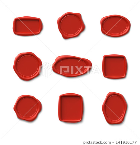 3D realistic red wax seal vector collection, vintage wax stamp different shapes, envelope closure certificate approval 3D realistic red wax seal vector collection, vintage wax stamp different shapes, envelope closure certificate approval 141916177