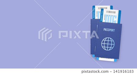 Passports with airplane tickets, boarding pass blue and white departure documents, realistic traveling vector design Passports with airplane tickets, boarding pass blue and white departure documents, realistic traveling vector design 141916183