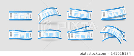 A collection of vector mockups of blue airline tickets with barcodes in various positions. A collection of vector mockups of blue airline tickets with barcodes in various positions. 141916184