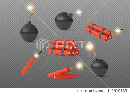 Black round and red sticks pack bombs with burning wick vector 3D icons set, explosive TNT dynamite, projectile weapon Black round and red sticks pack bombs with burning wick vector 3D icons set, explosive TNT dynamite, projectile weapon 141916185