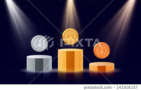 Gold, Silver and Bronze winner award medals on pedestal scene dark background and spotlight 3D vector realistic ceremony Gold, Silver and Bronze winner award medals on pedestal scene dark background and spotlight 3D vector realistic ceremony 141916187