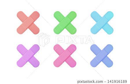 Medical patch strips crossed 3D vector set, first aid tape, adhesive plasters, health care bandages different colors Medical patch strips crossed 3D vector set, first aid tape, adhesive plasters, health care bandages different colors 141916189
