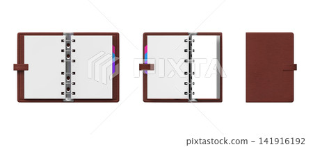 Notebook with metal coil rings binder vector realistic mockup, open close notepad with white paper sheets, brown cover Notebook with metal coil rings binder vector realistic mockup, open close notepad with white paper sheets, brown cover 141916192