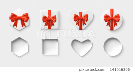 A set of white gift boxes of various shapes with red bows, closed and open, empty, and top views. A set of white gift boxes of various shapes with red bows, closed and open, empty, and top views. 141916206