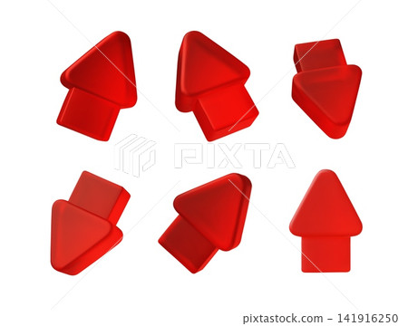 A set of matte, red, glass arrows pointing in different directions. A set of matte, red, glass arrows pointing in different directions. 141916250