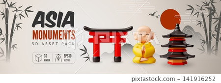 3D asian monument element set with torii gate and pagoda 3D asian monument element set with torii gate and pagoda 141916252