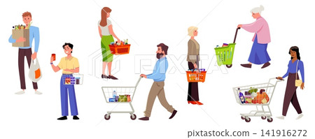 People with shopping bag, basket and cart with food vector flat illustrations set, grocery containers with purchases People with shopping bag, basket and cart with food vector flat illustrations set, grocery containers with purchases 141916272