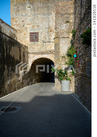 Sunlit narrow cobblestone alley framed by weathered stone walls and an arched tunnel, with potted plants and textured facades evoking history, quiet atmosphere and Mediterranean charm. Sunlit narrow cobblestone alley framed by weathered stone walls and an arched tunnel, with potted plants and textured facades evoking history, quiet atmosphere and Mediterranean charm. 141916516