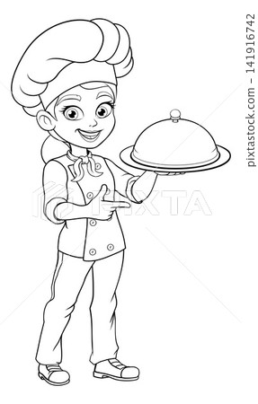 Cartoon Chef Woman Holding Tray Pointing Smiling Cartoon Chef Woman Holding Tray Pointing Smiling 141916742