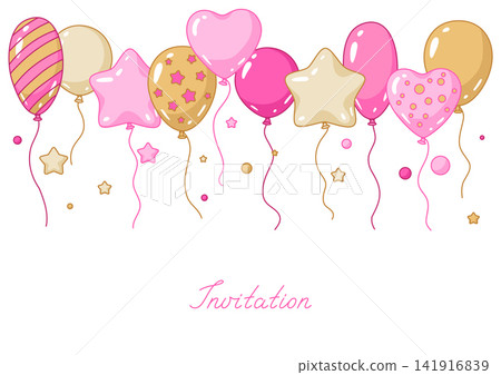 Flyer invitation with balloons. Decoration for celebration. Flyer invitation with balloons. Decoration for celebration. 141916839