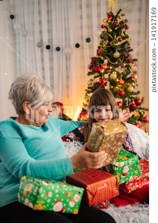 Grandmother and granddaughter celebrating Christmas opening gifts at home Grandmother and granddaughter celebrating Christmas opening gifts at home 141917169
