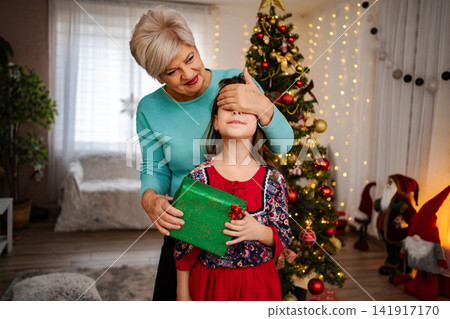 Grandmother surprising child with Christmas present at home Grandmother surprising child with Christmas present at home 141917170