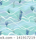 Underwater bottom wildlife seamless pattern. Ocean water wavy seamless pattern. Summer holiday marine background. Underwater texture. Marine bottom background with sea shells, seaweed. 141917219