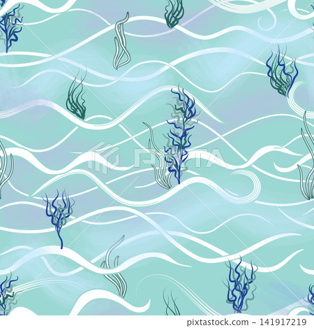 Underwater bottom wildlife seamless pattern. Ocean water wavy seamless pattern. Summer holiday marine background. Underwater texture. Marine bottom background with sea shells, seaweed. Underwater bottom wildlife seamless pattern. Ocean water wavy seamless pattern. Summer holiday marine background. Underwater texture. Marine bottom background with sea shells, seaweed. 141917219