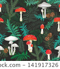 Pattern with fern leaves and mushrooms. Seamless vector seasonal textured background. 141917326
