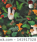 Pattern with fern leaves and mushrooms. Seamless vector seasonal textured background. 141917328
