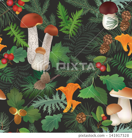 Pattern with fern leaves and mushrooms. Seamless vector seasonal textured background. Pattern with fern leaves and mushrooms. Seamless vector seasonal textured background. 141917328