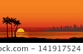 Sunset beach resort seaside view with palm trees and city urban skyline with skyscraper buildings silhouette. Travel India background 141917524