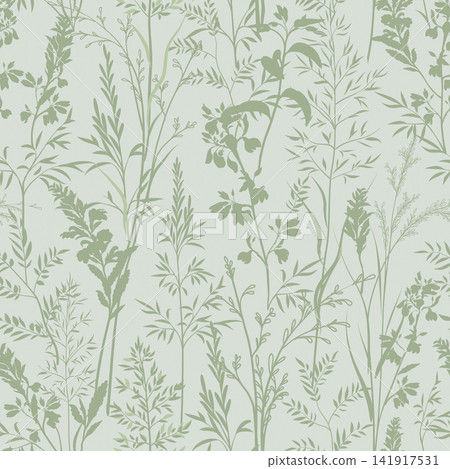 Flourish seamless pattern. Branch, flowewrs, leaves, grass, flowers gentle meadow texture. Floral nature summer garden textured background Flourish seamless pattern. Branch, flowewrs, leaves, grass, flowers gentle meadow texture. Floral nature summer garden textured background 141917531