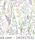 Flourish seamless pattern. Branch, flowers, leaves, grass, flowers gentle meadow texture. Floral nature summer garden textured background 141917532