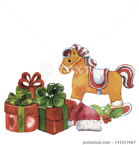 Christmas Gift and Rocking Horse Watercolor Clipart Christmas Gift and Rocking Horse Watercolor Clipart 141917667