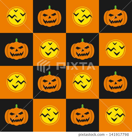 Seamless geometric pattern with Halloween holiday symbols. Scary pumpkin, full moon with flying bats in staggered checkerboard layout. Simple flat style 141917798