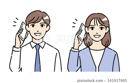 一對身穿西裝的年輕男女正在用智慧型手機通話的插畫(正面視角) 一對身穿西裝的年輕男女正在用智慧型手機通話的插畫(正面視角) 141917905