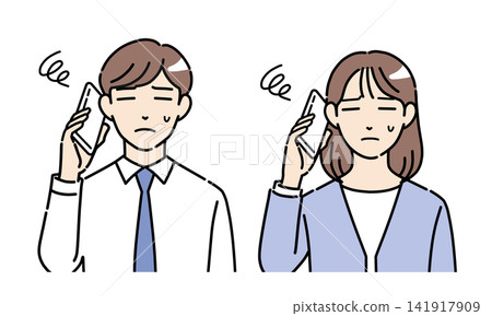 一幅插圖,描繪了一對身穿西裝的年輕男女,他們一邊用智慧型手機通話,一邊神情憂慮(正面圖)。 一幅插圖,描繪了一對身穿西裝的年輕男女,他們一邊用智慧型手機通話,一邊神情憂慮(正面圖)。 141917909