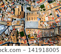 Aerial drone view historic town square and roofs in Lorca, Spain 141918005