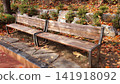 Wooden Park Bench Covered with Red and Yellow Autumn Leaves 141918092